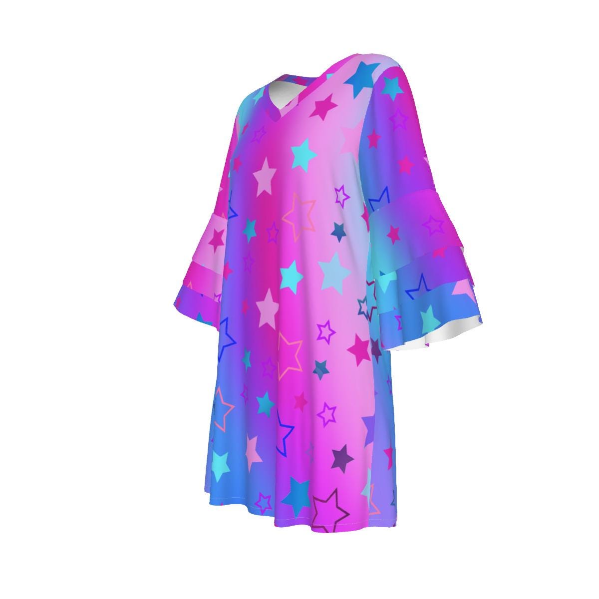 Dreamy Stacked Ruffle Sleeve Dress - Pink, Purple & Blue Stars on Gradient Background - Printspirationz