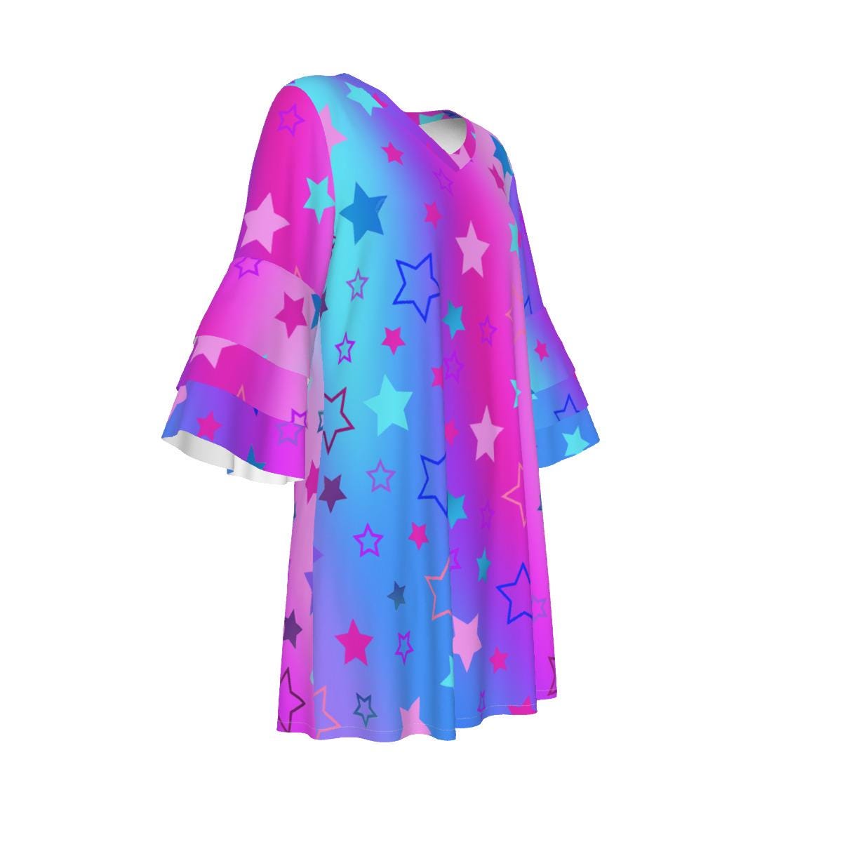 Dreamy Stacked Ruffle Sleeve Dress - Pink, Purple & Blue Stars on Gradient Background - Printspirationz