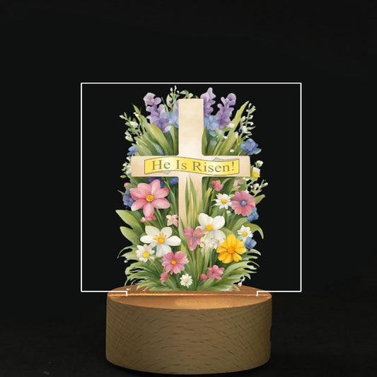 Easter Cross with Spring Flowers Design - Square Acrylic Board with Light - Printspirationz