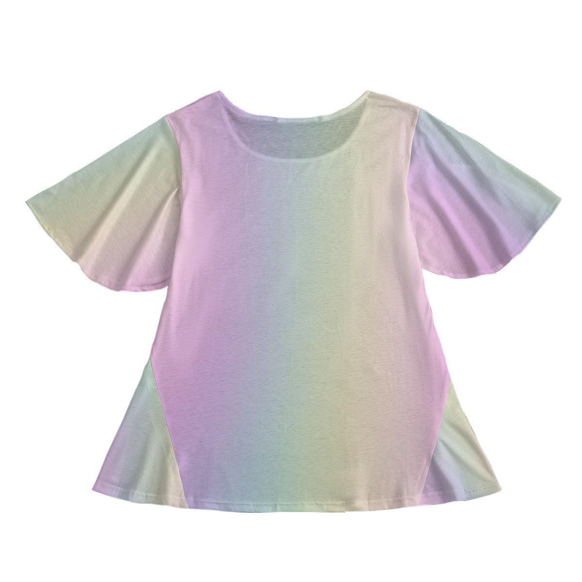 Easter Round Neck Short Sleeve Butterfly Sleeves Tunic Mini Dress For Women - A Cross with the Words 'He IS Risen' Among a Floral Garden on a Pastel Rainbow Background - Printspirationz