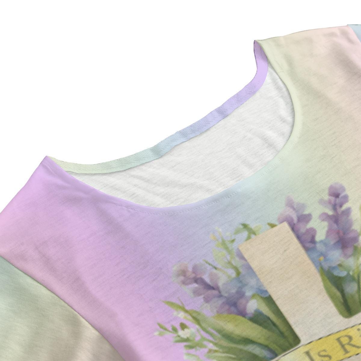 Easter Round Neck Short Sleeve Butterfly Sleeves Tunic Mini Dress For Women - A Cross with the Words 'He IS Risen' Among a Floral Garden on a Pastel Rainbow Background - Printspirationz