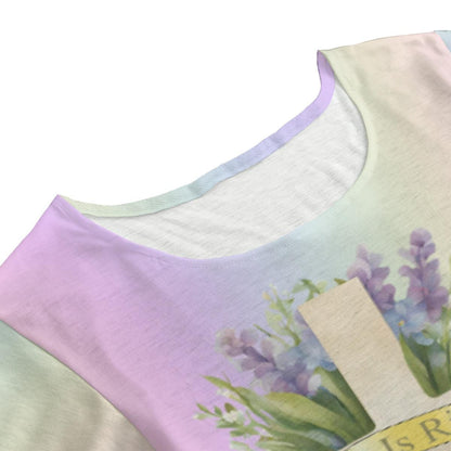 Easter Round Neck Short Sleeve Butterfly Sleeves Tunic Mini Dress For Women - A Cross with the Words 'He IS Risen' Among a Floral Garden on a Pastel Rainbow Background - Printspirationz