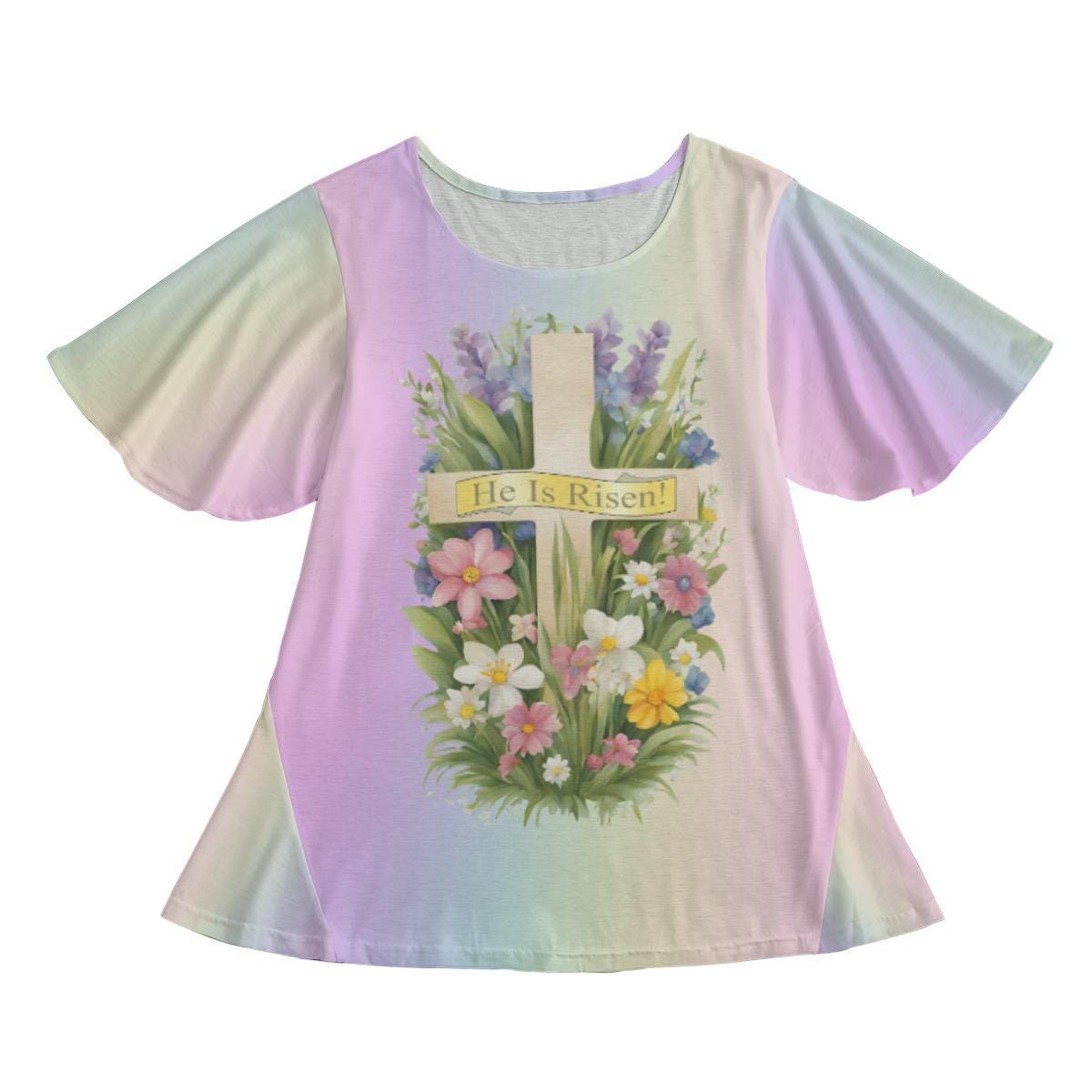 Easter Round Neck Short Sleeve Butterfly Sleeves Tunic Mini Dress For Women - A Cross with the Words 'He IS Risen' Among a Floral Garden on a Pastel Rainbow Background - Printspirationz
