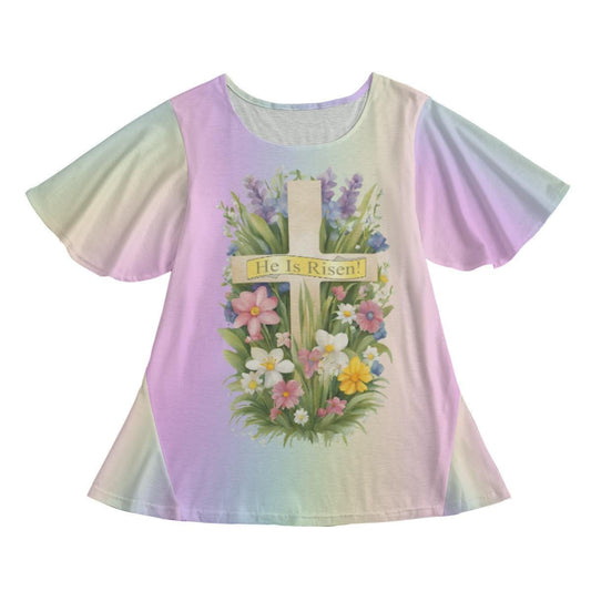 Easter Round Neck Short Sleeve Butterfly Sleeves Tunic Mini Dress For Women - A Cross with the Words 'He IS Risen' Among a Floral Garden on a Pastel Rainbow Background - Printspirationz