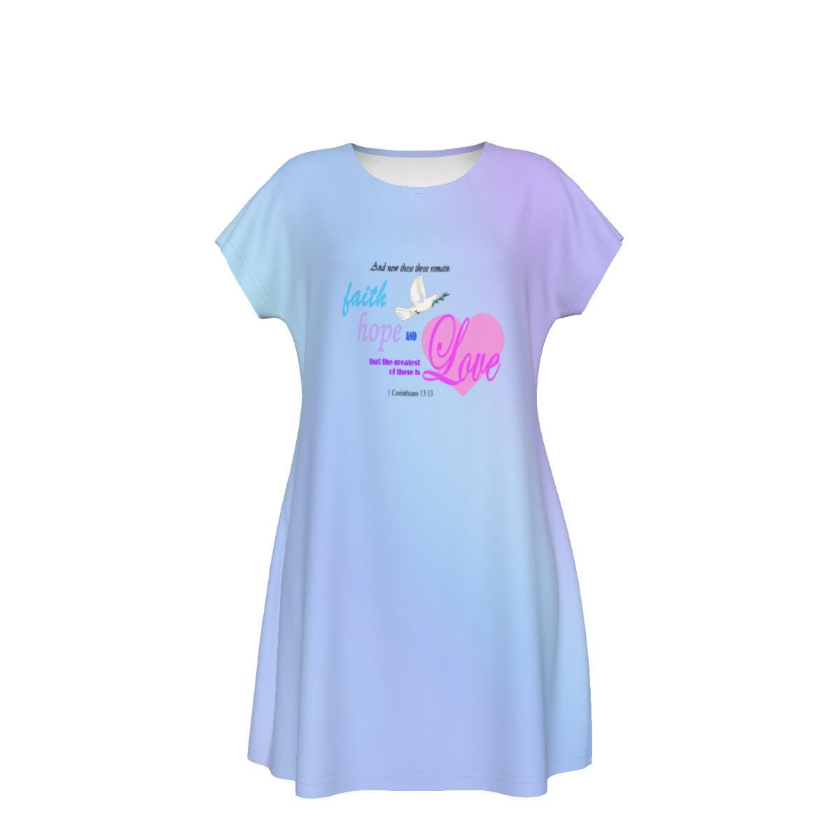 Faith Hope Love Oversized  T-Shirt | Light Blue Gradient Tee with Inspirational Bible Verse,  Women's Short Sleeve Night Dress - Printspirationz