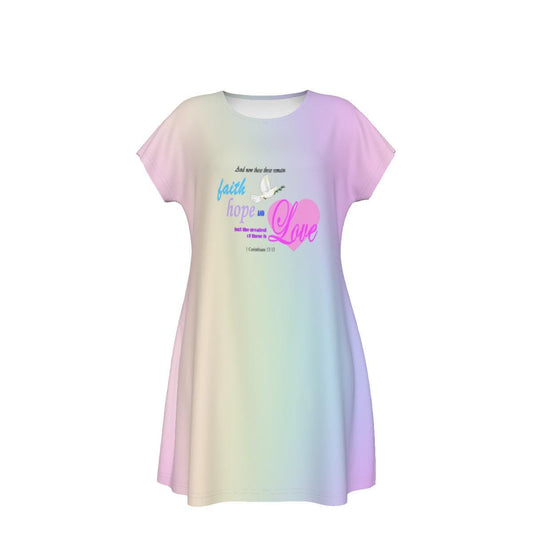 Faith Hope Love Oversized  T-Shirt | Pastel Rainbow Gradient Tee, Inspirational Bible Verse, Women's Short Sleeve Nightshirt, Sleep Dress - Printspirationz