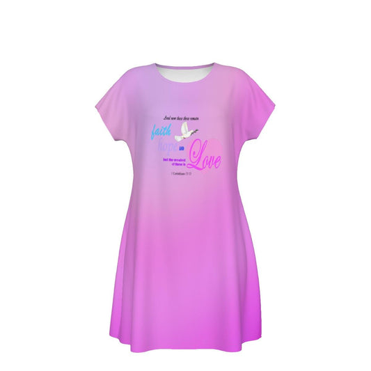 Faith Hope Love Oversized  T-Shirt | Pink Gradient Tee with Inspirational Bible Verse,  Women's Short Sleeve Nightshirt, Sleep Dress - Printspirationz