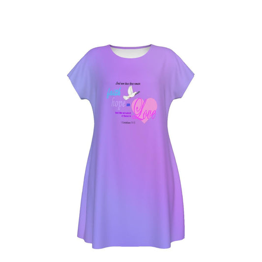 Faith Hope Love Oversized  T-Shirt | Purple Gradient Tee with Inspirational Bible Verse,  Women's Short Sleeve Nightshirt, Sleep Dress - Printspirationz