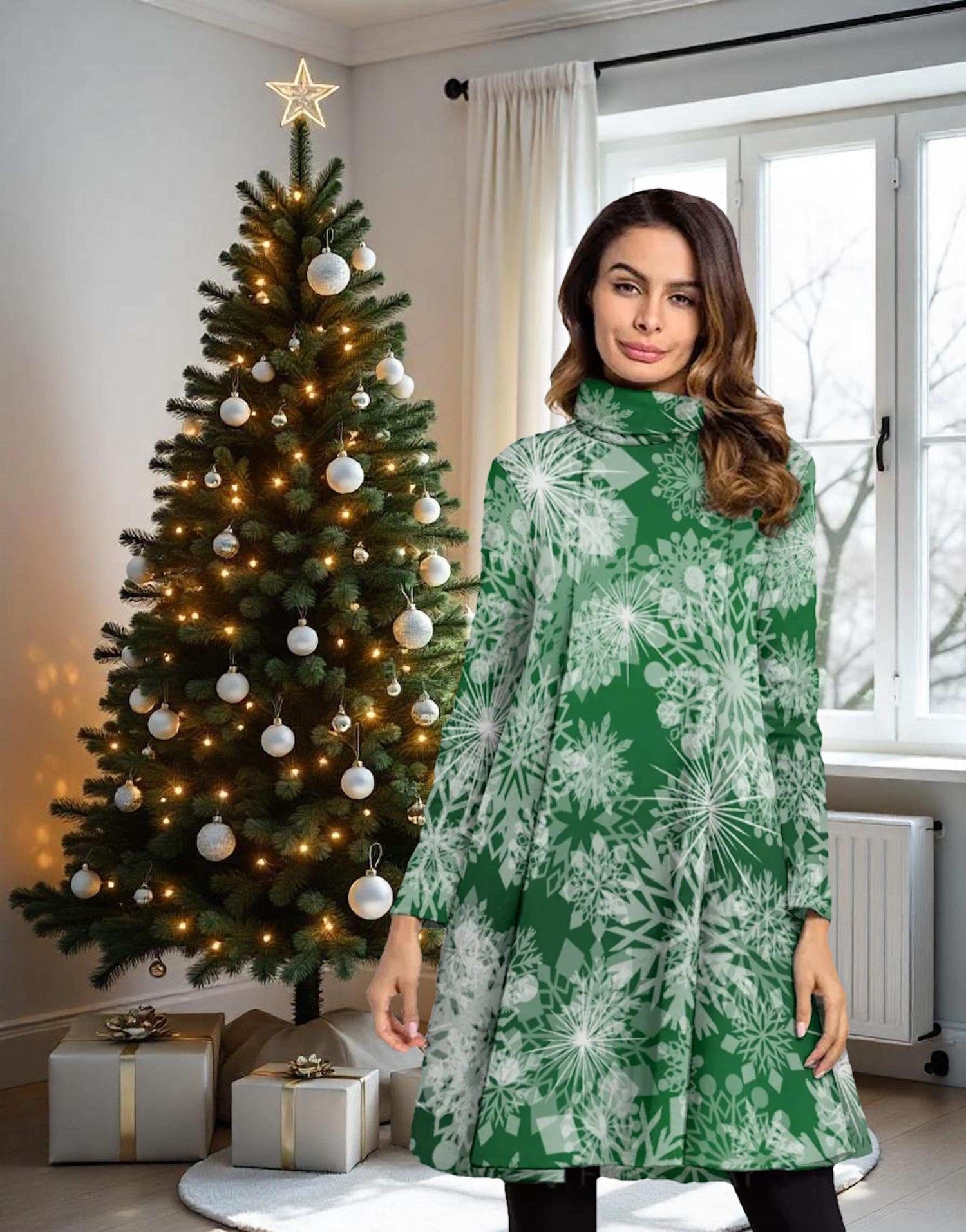 Green High Neck Snowflake Mini Dress - Elegant Above the Knee Winter Design, Christmas Party Cocktail Dress