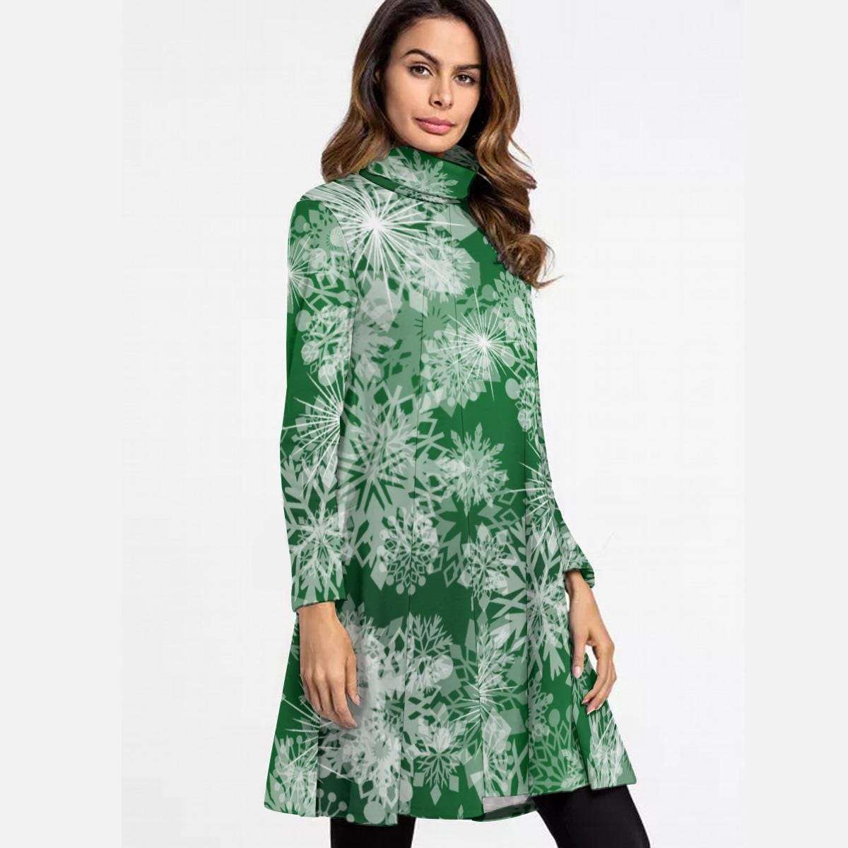 Green High Neck Snowflake Mini Dress - Elegant Above the Knee Winter Design, Christmas Party Cocktail Dress