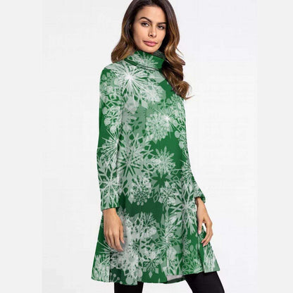 Green High Neck Snowflake Mini Dress - Elegant Above the Knee Winter Design, Christmas Party Cocktail Dress