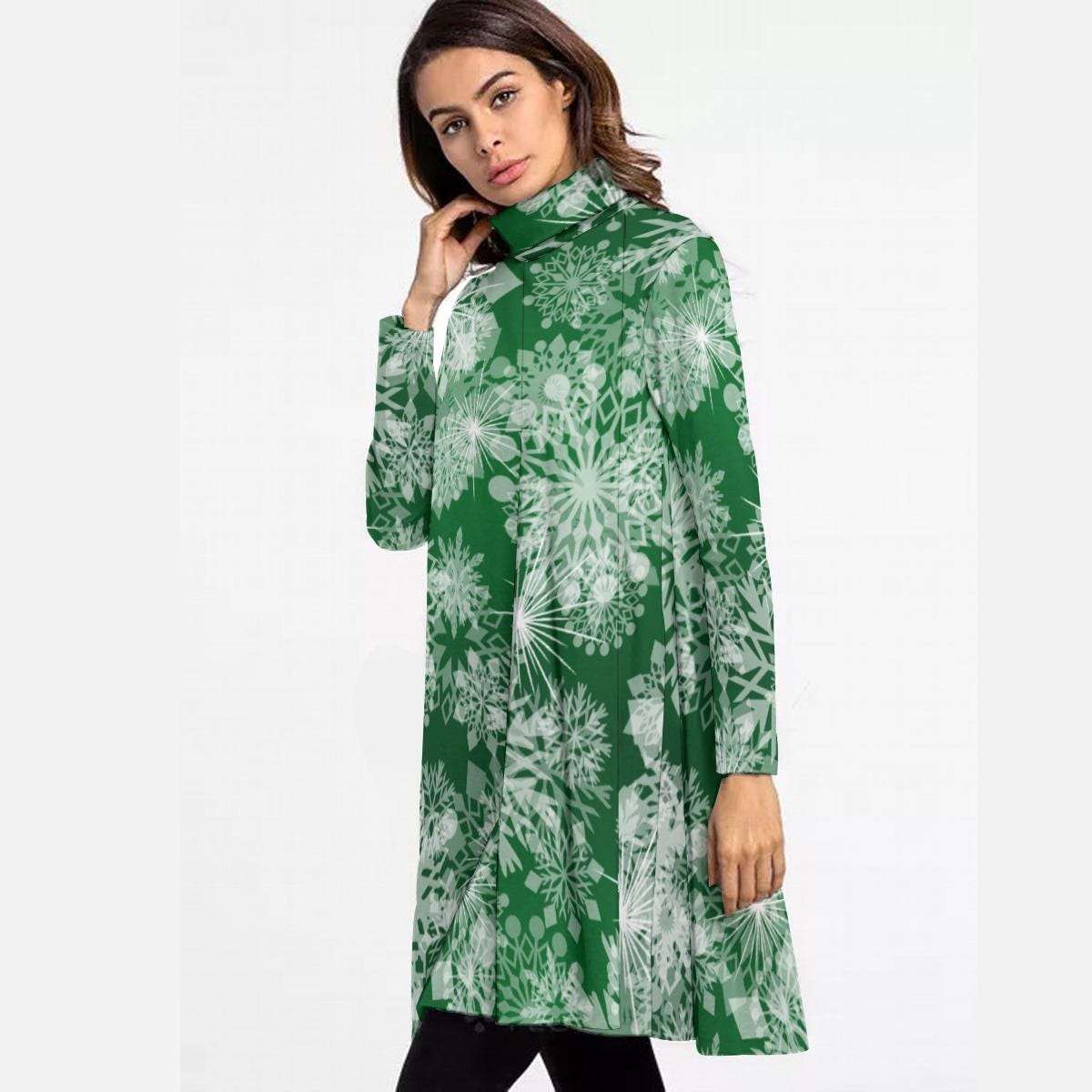 Green High Neck Snowflake Mini Dress - Elegant Above the Knee Winter Design, Christmas Party Cocktail Dress