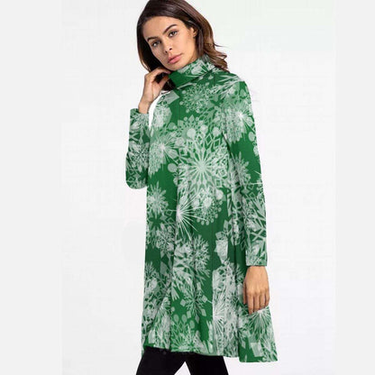 Green High Neck Snowflake Mini Dress - Elegant Above the Knee Winter Design, Christmas Party Cocktail Dress