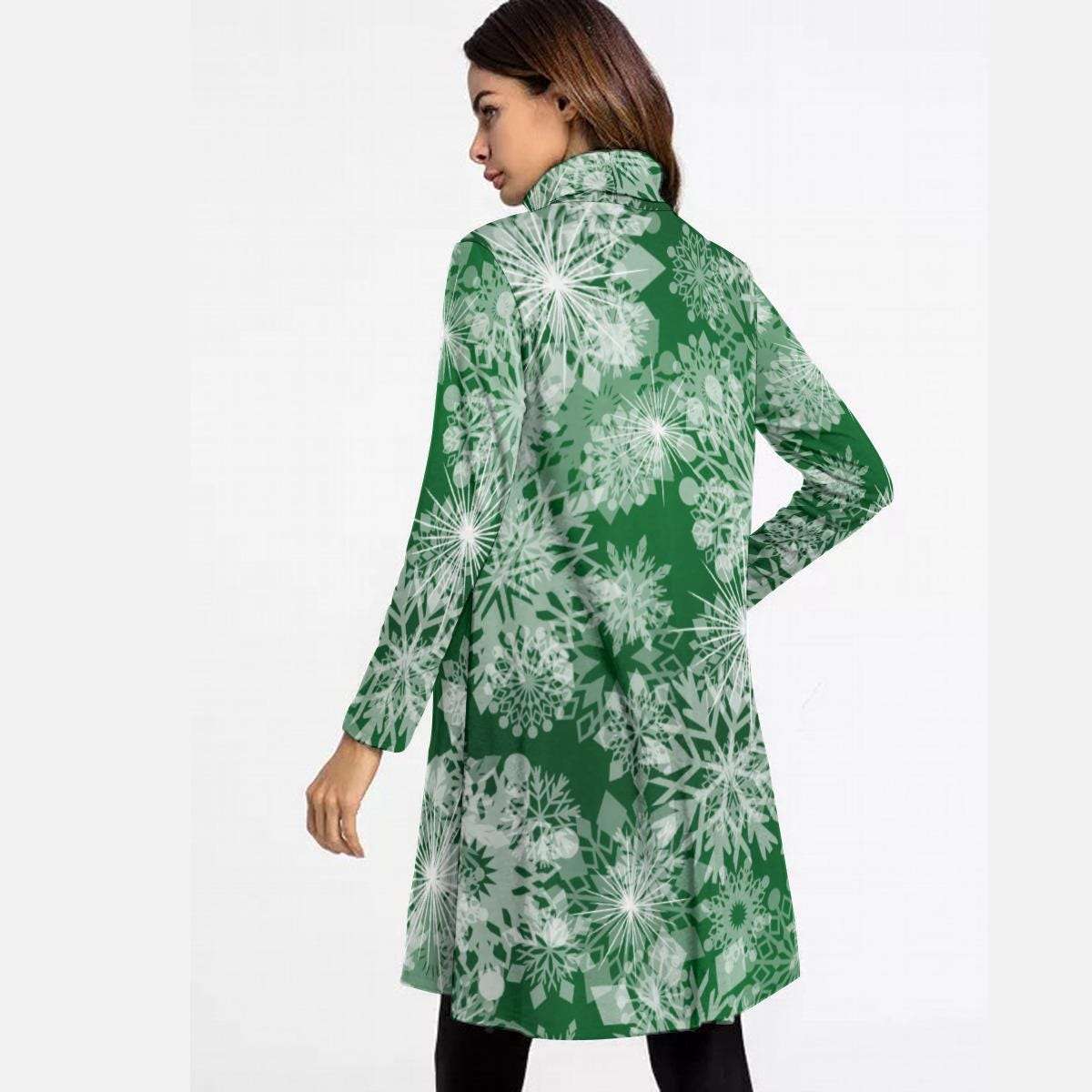 Green High Neck Snowflake Mini Dress - Elegant Above the Knee Winter Design, Christmas Party Cocktail Dress