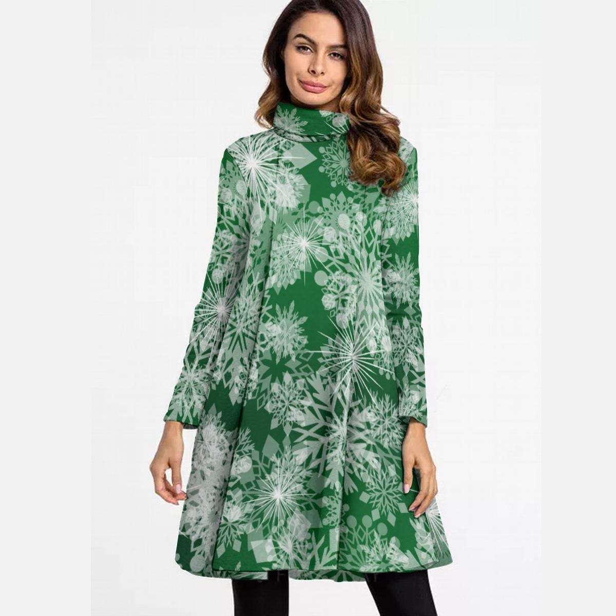 Green High Neck Snowflake Mini Dress - Elegant Above the Knee Winter Design, Christmas Party Cocktail Dress