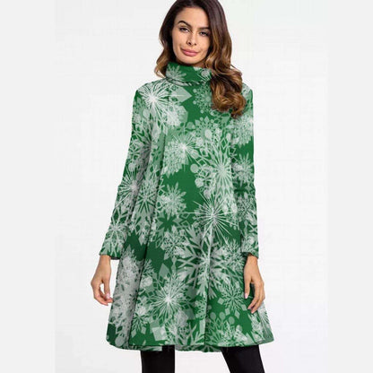 Green High Neck Snowflake Mini Dress - Elegant Above the Knee Winter Design, Christmas Party Cocktail Dress