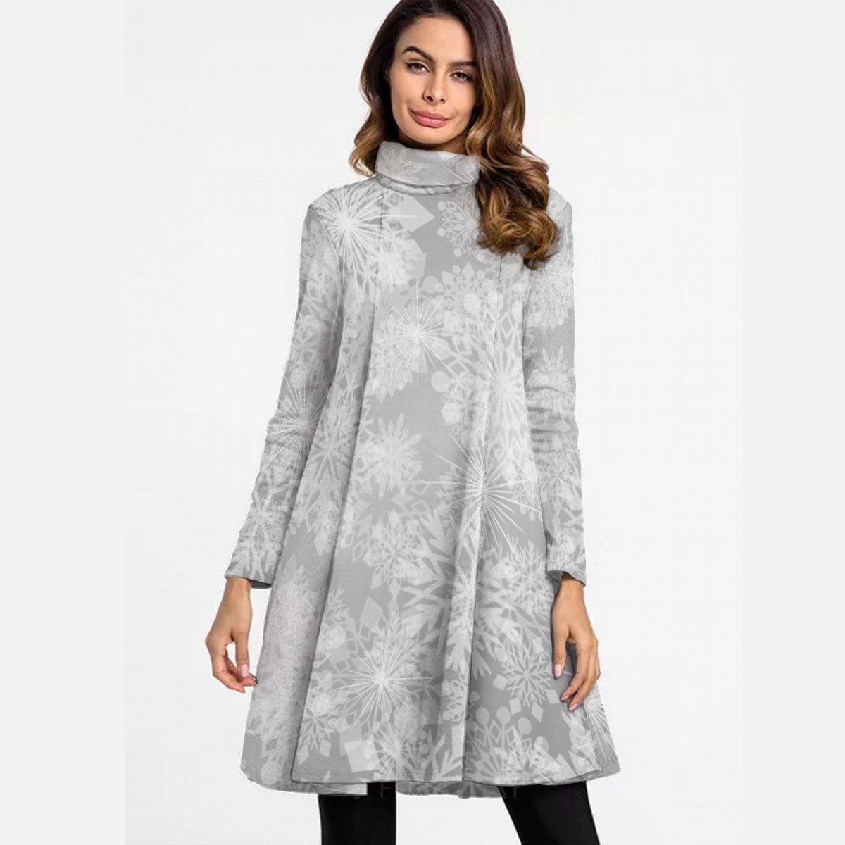 Grey High Neck Snowflake Dress, Above the Knee Winter Design, Christmas Party Cocktail Dress, Trendy Women's Maxi Dress, Flora Maxil Dress - Printspirationz