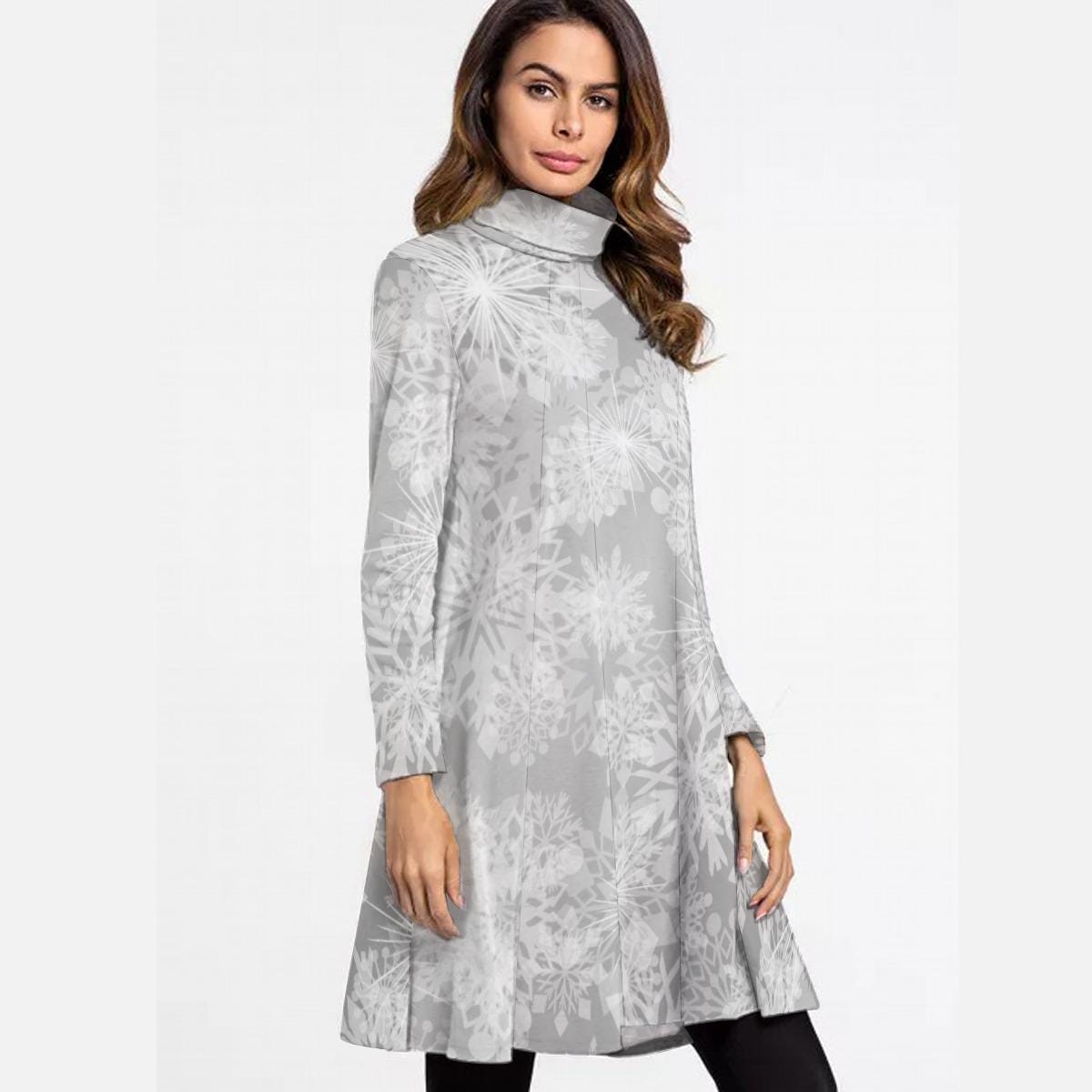 Grey High Neck Snowflake Dress, Above the Knee Winter Design, Christmas Party Cocktail Dress, Trendy Women's Maxi Dress, Flora Maxil Dress - Printspirationz