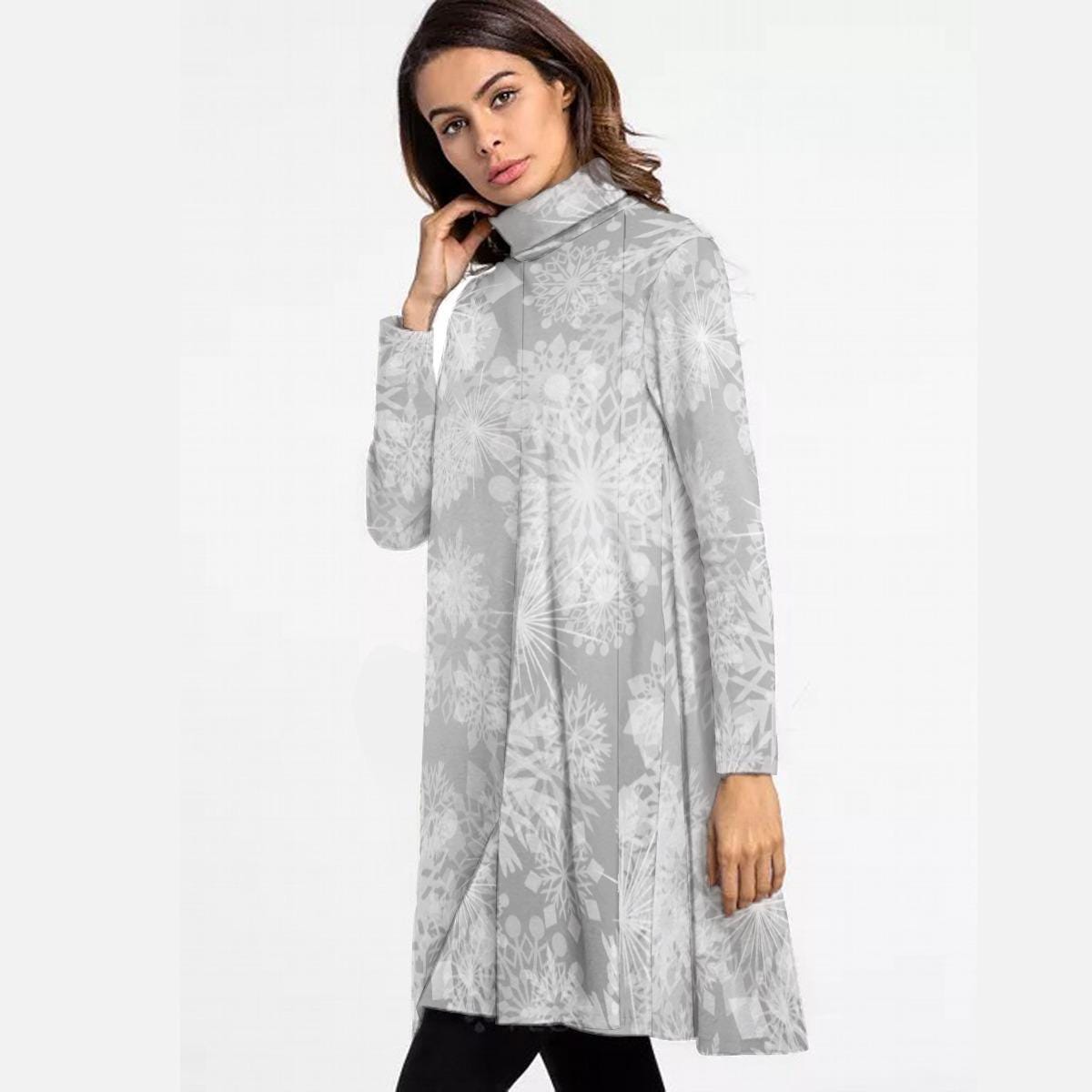 Grey High Neck Snowflake Dress, Above the Knee Winter Design, Christmas Party Cocktail Dress, Trendy Women's Maxi Dress, Flora Maxil Dress - Printspirationz