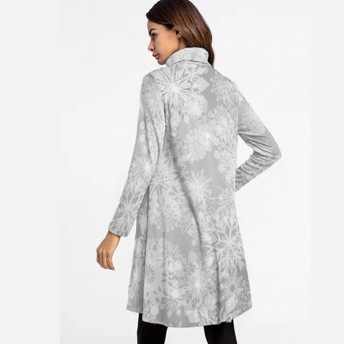 Grey High Neck Snowflake Dress, Above the Knee Winter Design, Christmas Party Cocktail Dress, Trendy Women's Maxi Dress, Flora Maxil Dress - Printspirationz