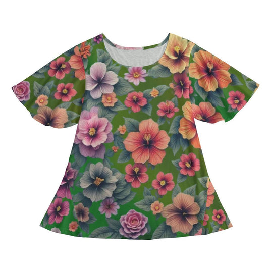 Hibiscus Floral Mini Dress: Colorful Round Neck T-shirt For Women - Design with Butterfly Sleeves & Flared Hem on Green Background - Printspirationz
