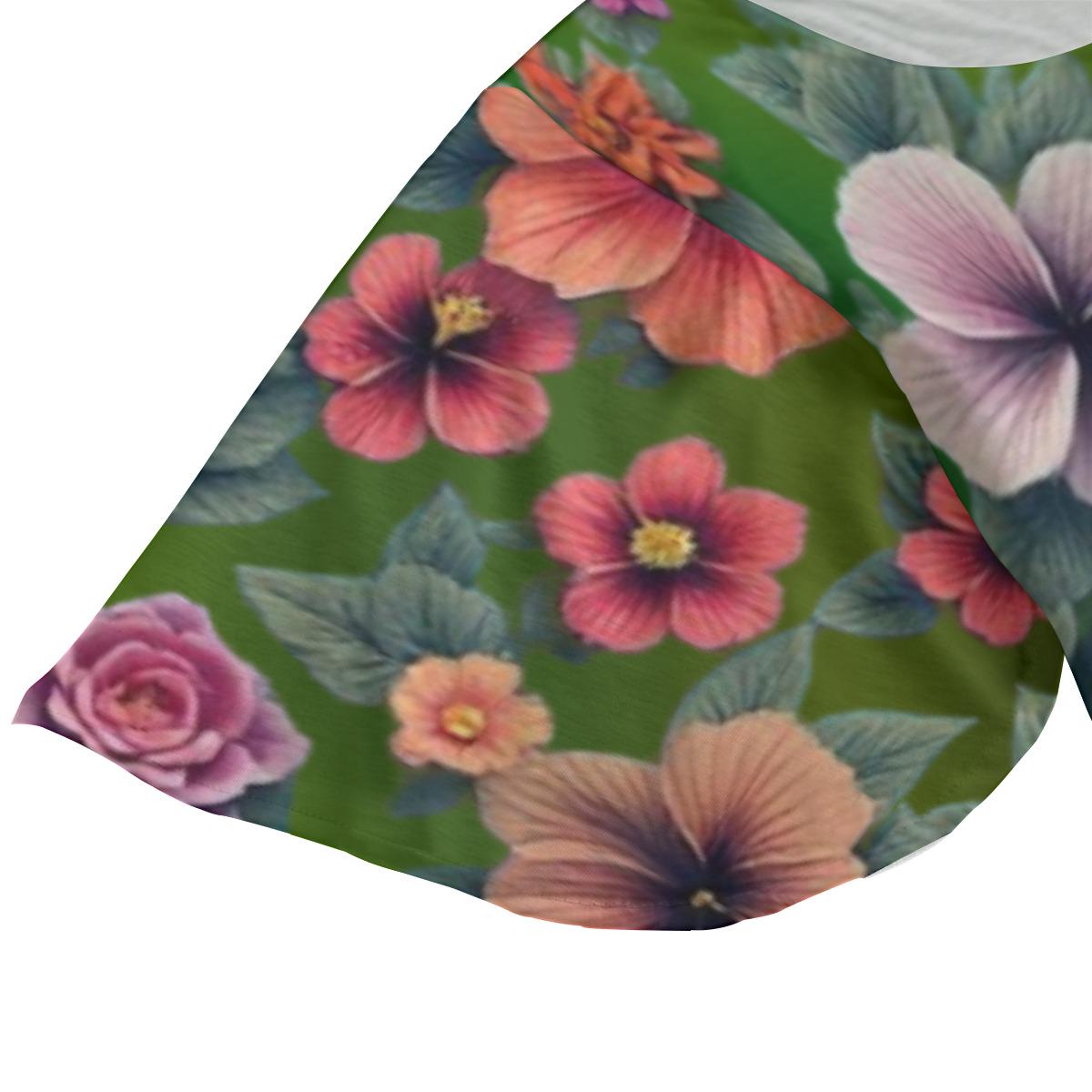 Hibiscus Floral Mini Dress: Colorful Round Neck T-shirt For Women - Design with Butterfly Sleeves & Flared Hem on Green Background - Printspirationz