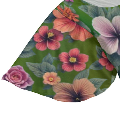 Hibiscus Floral Mini Dress: Colorful Round Neck T-shirt For Women - Design with Butterfly Sleeves & Flared Hem on Green Background - Printspirationz