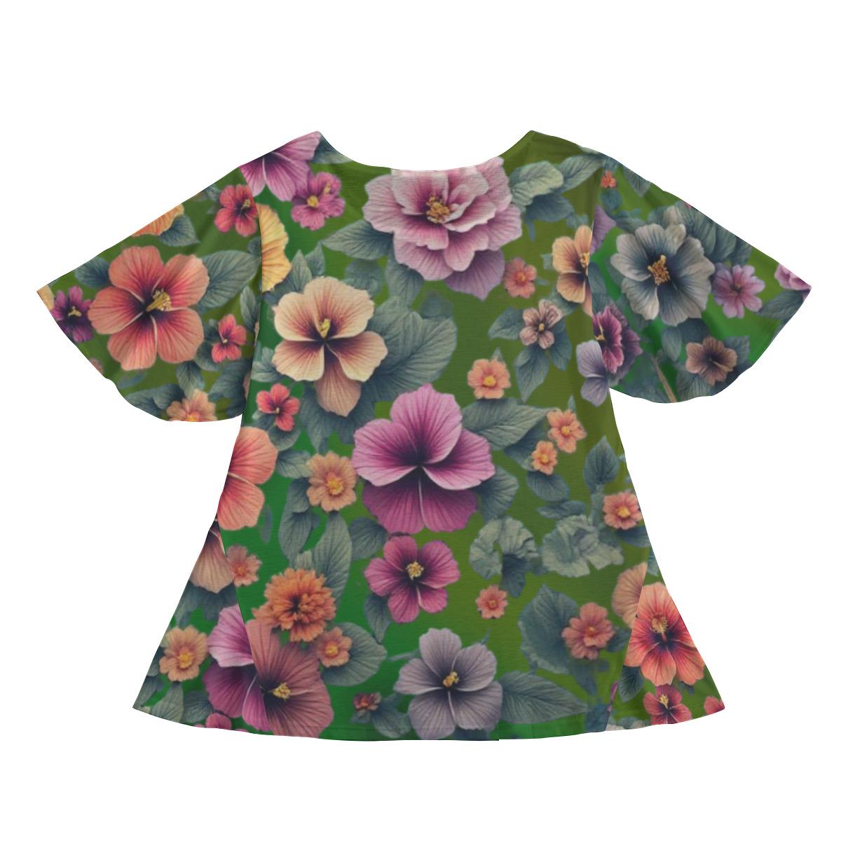 Hibiscus Floral Mini Dress: Colorful Round Neck T-shirt For Women - Design with Butterfly Sleeves & Flared Hem on Green Background - Printspirationz