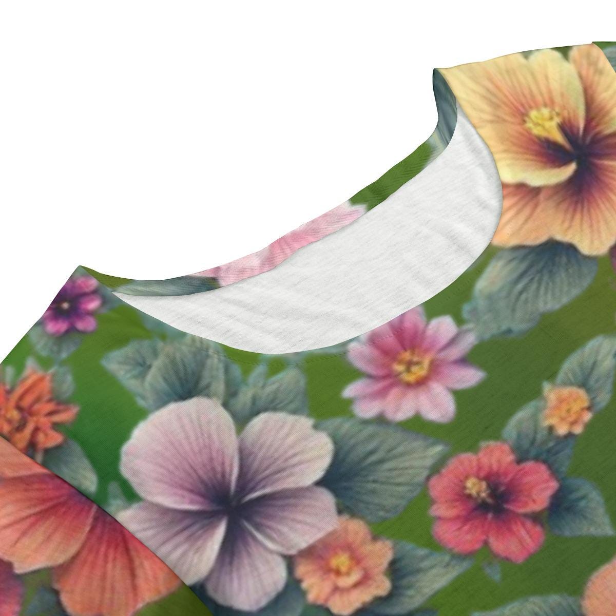 Hibiscus Floral Mini Dress: Colorful Round Neck T-shirt For Women - Design with Butterfly Sleeves & Flared Hem on Green Background - Printspirationz