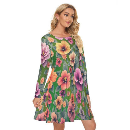 Hibiscus Print Long Sleeve Dress | Above Knee Crew Neck Style on Lush Green Fabric - Printspirationz