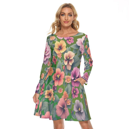 Hibiscus Print Long Sleeve Dress | Above Knee Crew Neck Style on Lush Green Fabric - Printspirationz