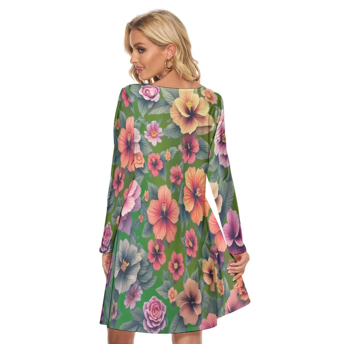 Hibiscus Print Long Sleeve Dress | Above Knee Crew Neck Style on Lush Green Fabric - Printspirationz