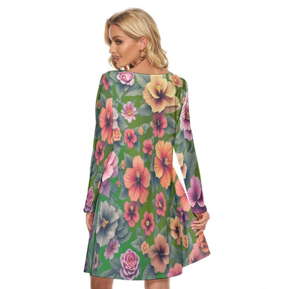 Hibiscus Print Long Sleeve Dress | Above Knee Crew Neck Style on Lush Green Fabric - Printspirationz