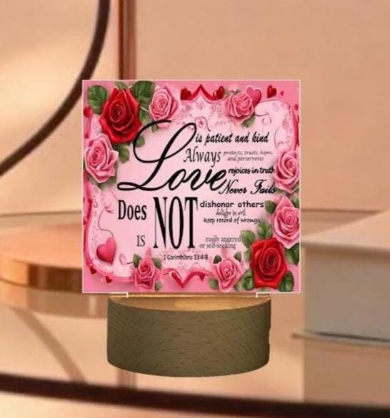Illuminated Square Acrylic Love Board - 1 Corinthians 13:4-8 Verse with Beautiful Rose Background, Christian Valentine's Day Gift - Printspirationz
