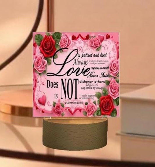 Illuminated Square Acrylic Love Board - 1 Corinthians 13:4-8 Verse with Beautiful Rose Background, Christian Valentine's Day Gift - Printspirationz