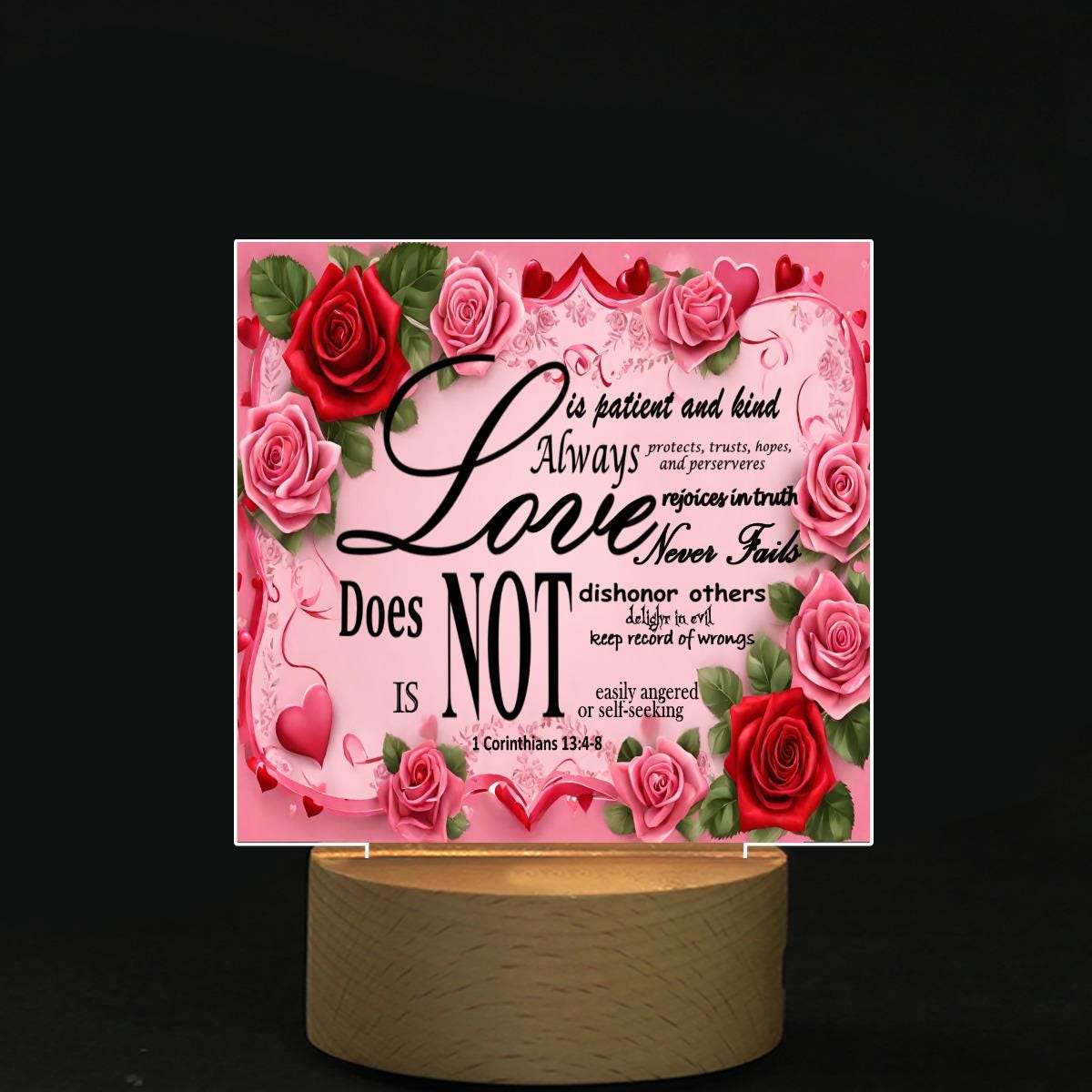 Illuminated Square Acrylic Love Board - 1 Corinthians 13:4-8 Verse with Beautiful Rose Background, Christian Valentine's Day Gift