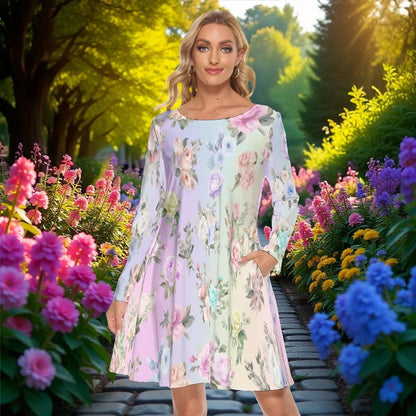 Long Sleeve Knee Length Women's, Colorful Spring Flowers, Pastel Rainbow Gradient, Dance Dress, Valentine's, Mother's Day, Easter Mini Dress - Printspirationz