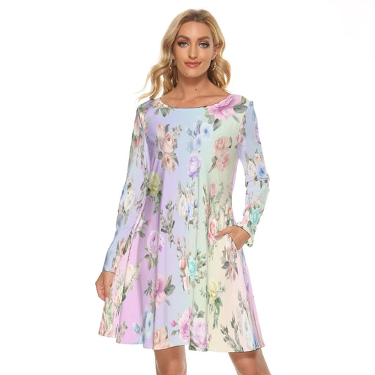 Long Sleeve Knee Length Women's, Colorful Spring Flowers, Pastel Rainbow Gradient, Dance Dress, Valentine's, Mother's Day, Easter Mini Dress - Printspirationz