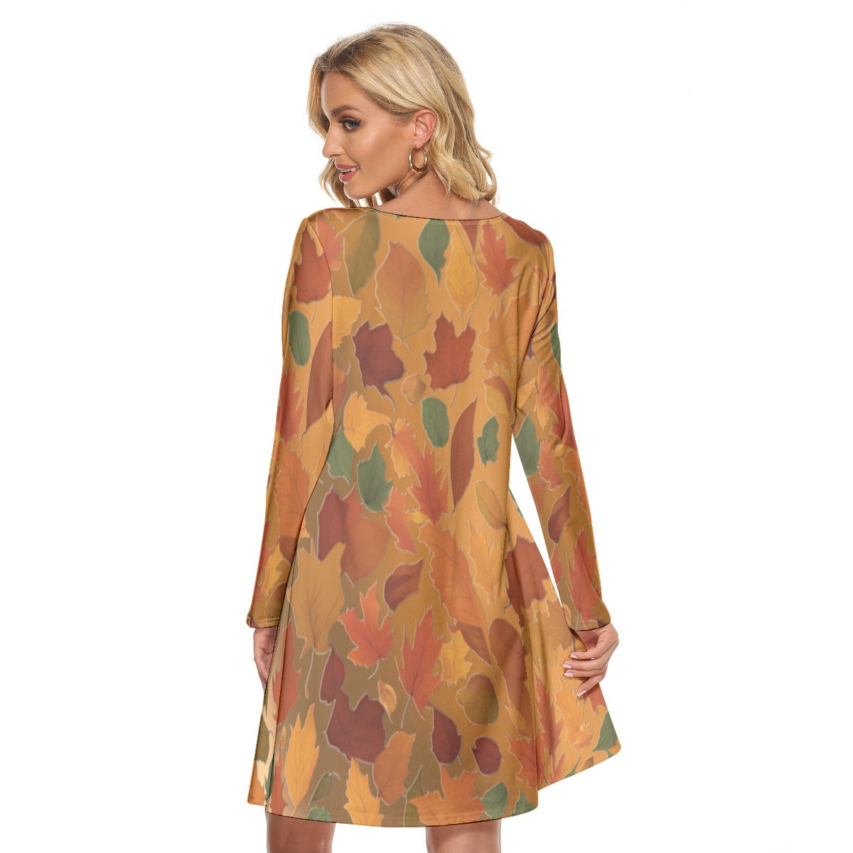 Long Sleeve Knee Length Women's Dress Fall Colored Leaves Brown Gradient Background w/ Pockets, Party Dress, Woman's Mini Cocktail Dress - Printspirationz