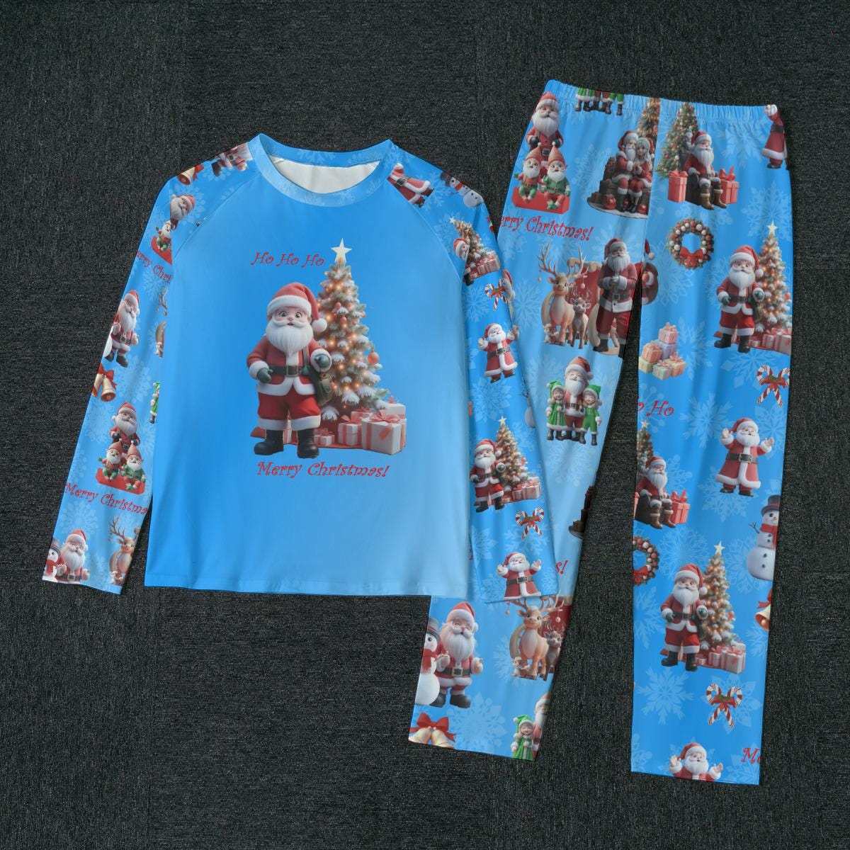 Men's Blue Santa Claus Pajamas Set - Blue Background - Christmas Sleepwear, Matching family outfit, long sleeves loungewear,  Holiday 2 pc - Printspirationz