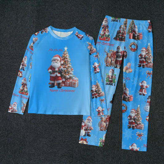 Men's Blue Santa Claus Pajamas Set - Blue Background - Christmas Sleepwear, Matching family outfit, long sleeves loungewear,  Holiday 2 pc - Printspirationz