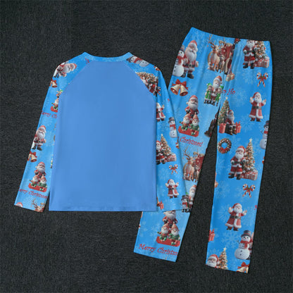 Men's Blue Santa Claus Pajamas Set - Blue Background - Christmas Sleepwear, Matching family outfit, long sleeves loungewear,  Holiday 2 pc - Printspirationz