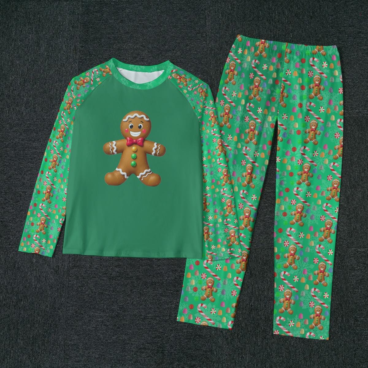 Men's Green Gingerbread Man, Christmas Holiday Candy Winter Pajama Set, Matching family outfit, long sleeves loungewear, Holiday 2 pc - Printspirationz