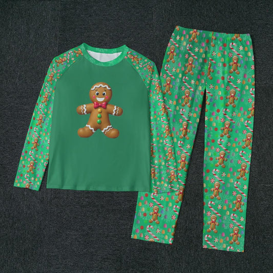 Men's Green Gingerbread Man, Christmas Holiday Candy Winter Pajama Set, Matching family outfit, long sleeves loungewear, Holiday 2 pc - Printspirationz