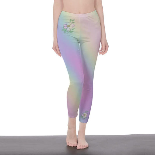 Pastel Rainbow Stylish Floral Decal Casual Solid Leggings for Women - Exercise Pants, Skinny Fit, Sporty, Yoga Pants - Comfy Everyday Wear - Printspirationz