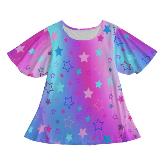 Pink Blue Purple Stars ColorfulRound Neck Short Sleeve Butterfly Sleeves Tunic Mini Dress For Women - Printspirationz