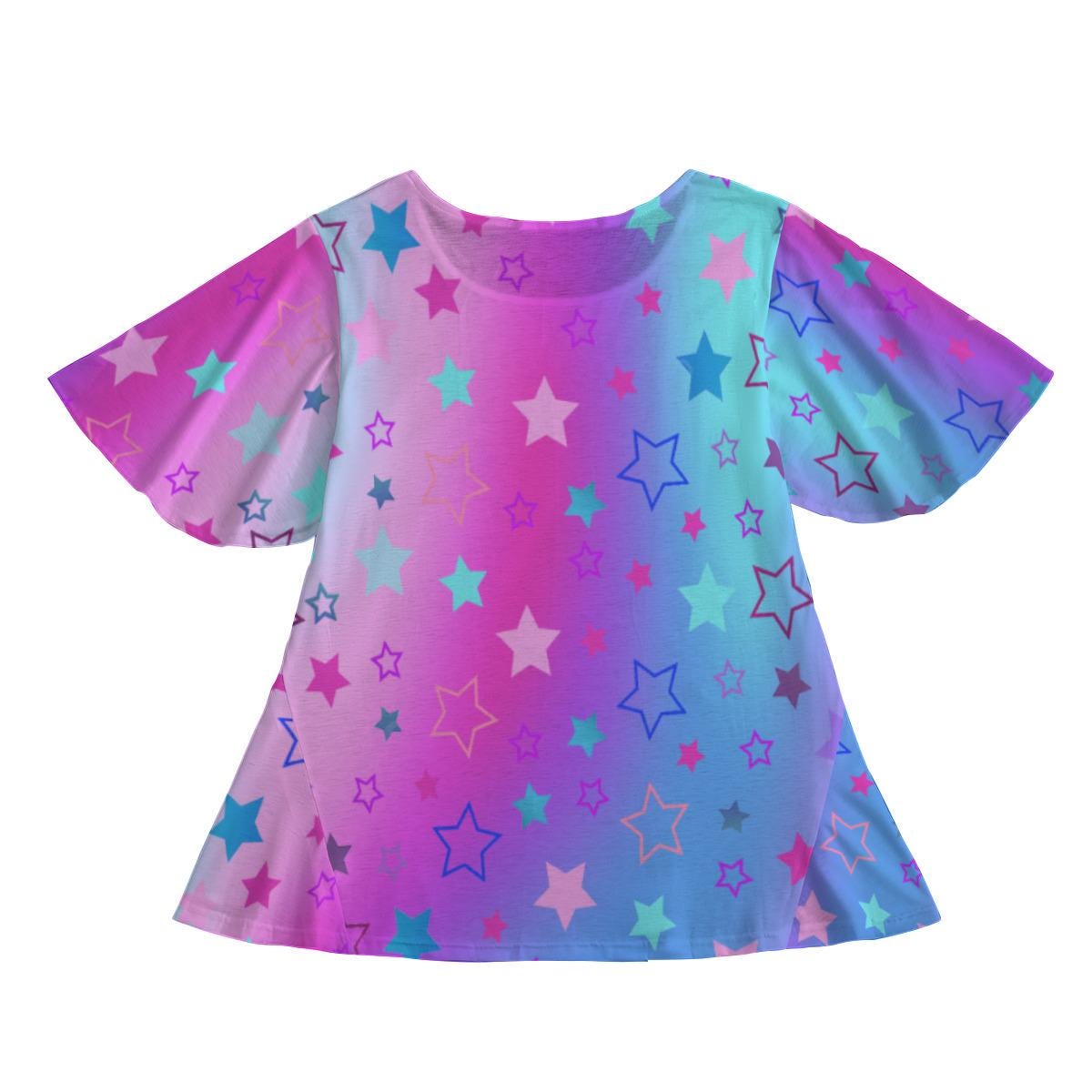 Pink Blue Purple Stars ColorfulRound Neck Short Sleeve Butterfly Sleeves Tunic Mini Dress For Women - Printspirationz