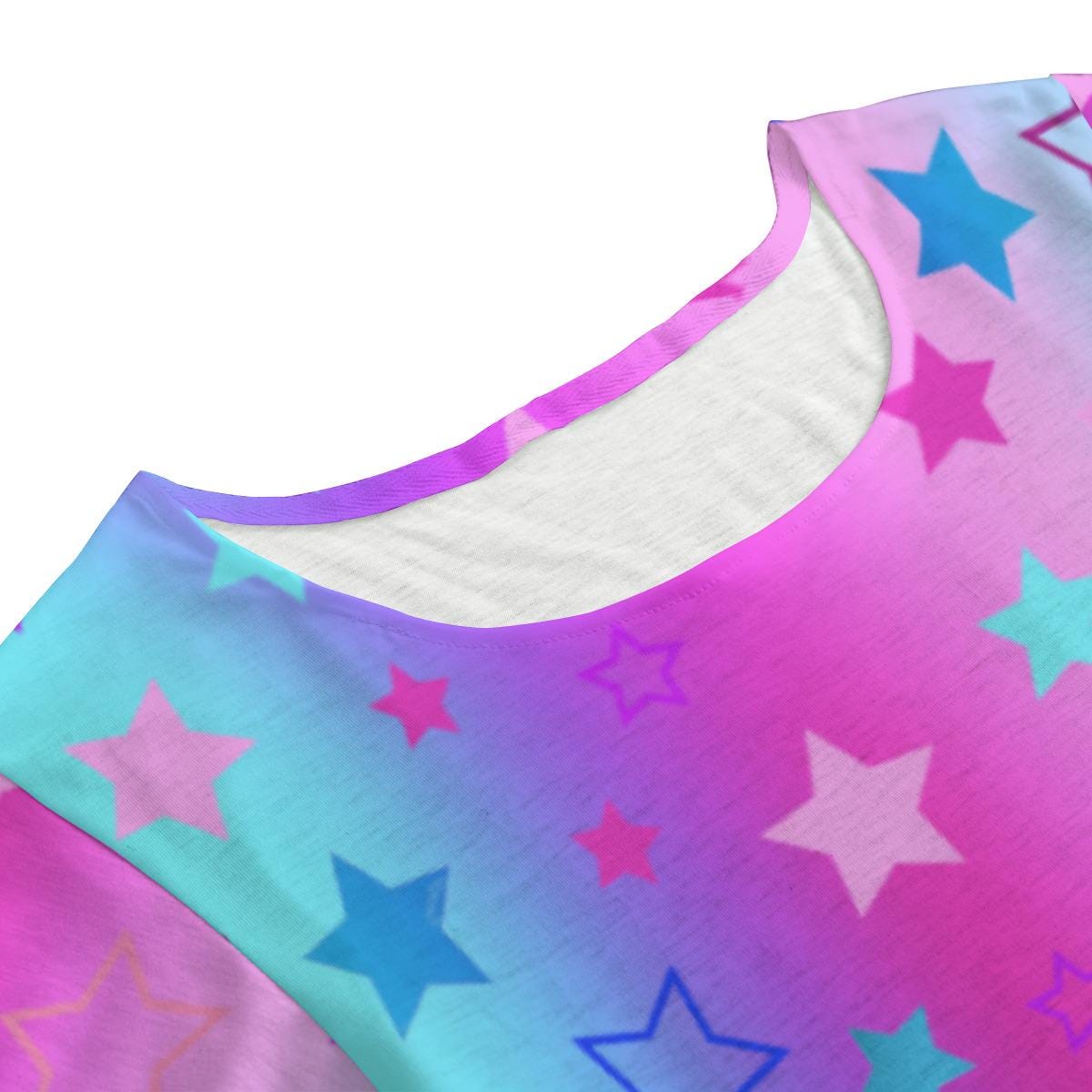 Pink Blue Purple Stars ColorfulRound Neck Short Sleeve Butterfly Sleeves Tunic Mini Dress For Women - Printspirationz