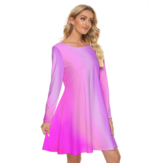 Pink Gradient Long Sleeve Knee-Length Cocktail Dress – Elegant Crew Neck Evening Look - Printspirationz