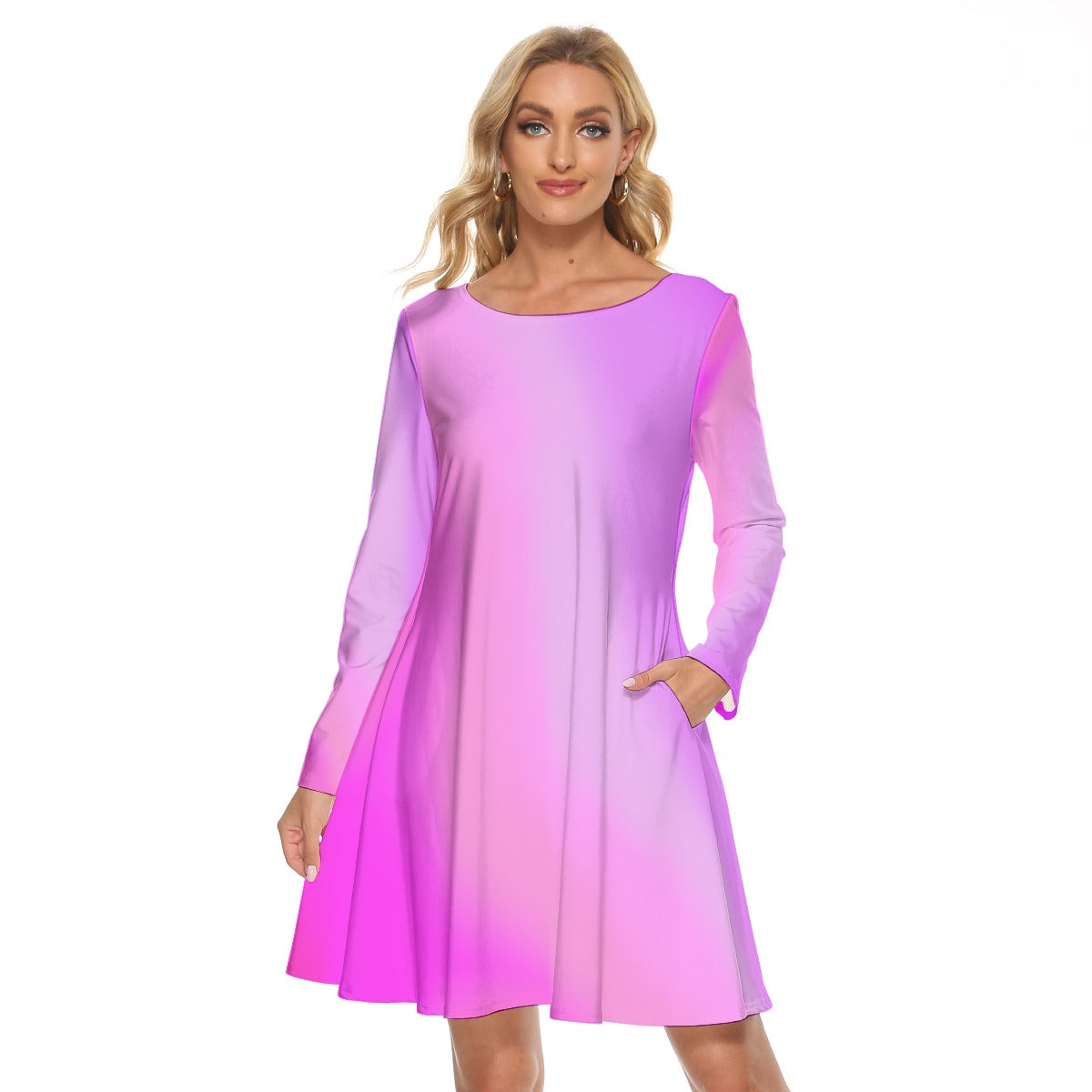 Pink Gradient Long Sleeve Knee-Length Cocktail Dress – Elegant Crew Neck Evening Look - Printspirationz